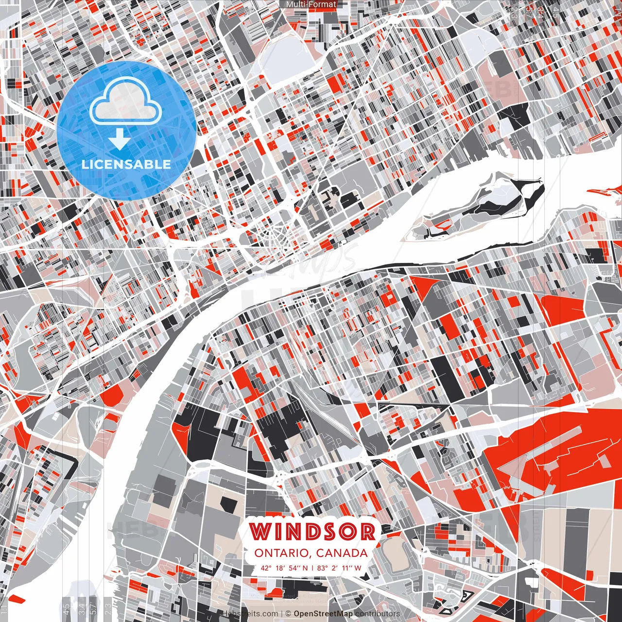 Windsor, Ontario, Canada - modern street map poster template with gray and red tones