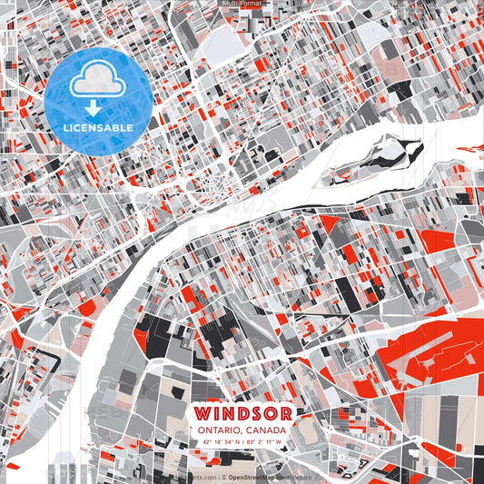 Windsor, Ontario, Canada - modern street map poster template with gray and red tones