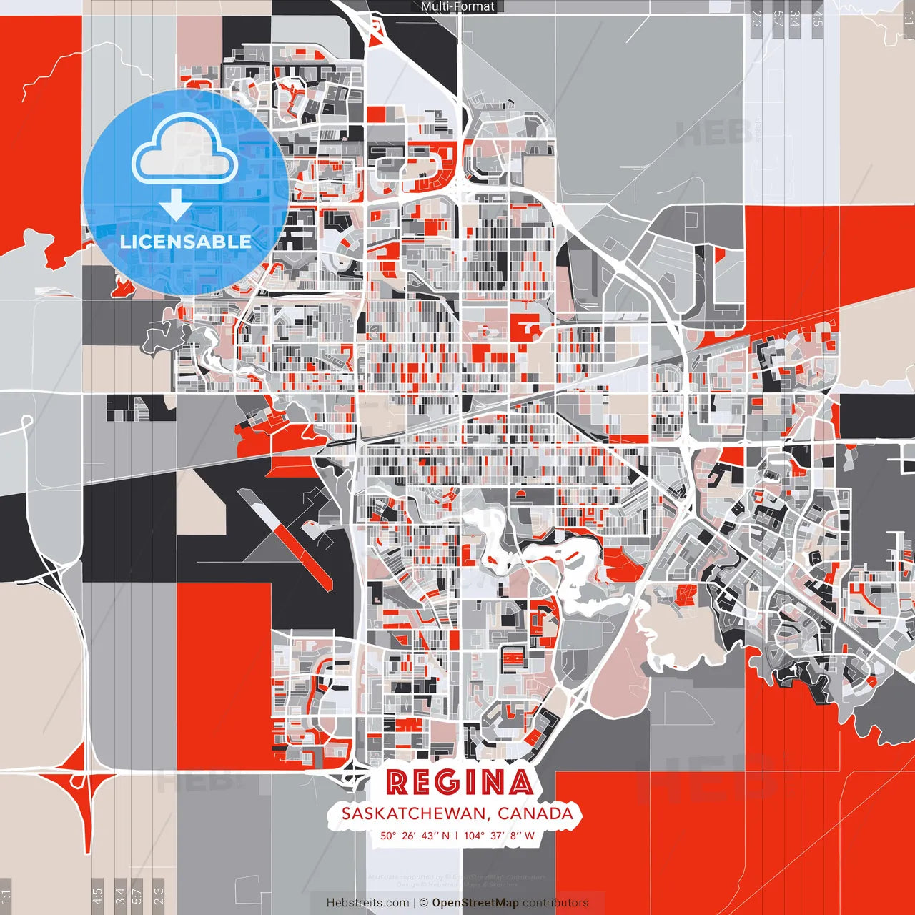 Regina, Saskatchewan, Canada - modern street map poster template with gray and red tones