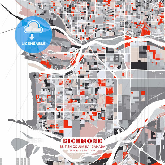 Richmond, British Columbia, Canada - modern street map poster template with gray and red tones
