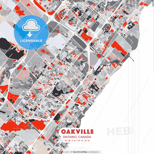 Oakville, Ontario, Canada - modern street map poster template with gray and red tones