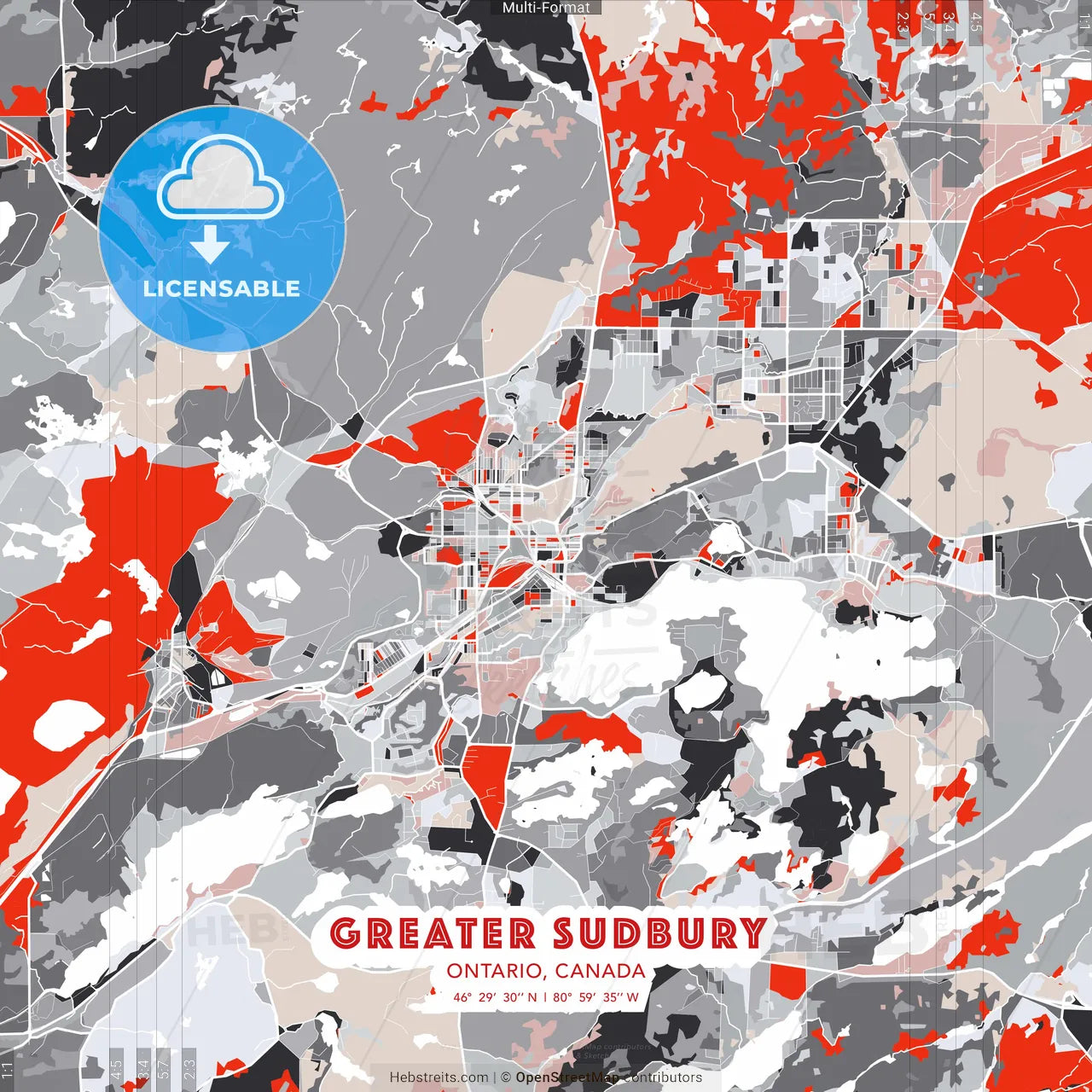Greater Sudbury, Ontario, Canada - modern street map poster template with gray and red tones