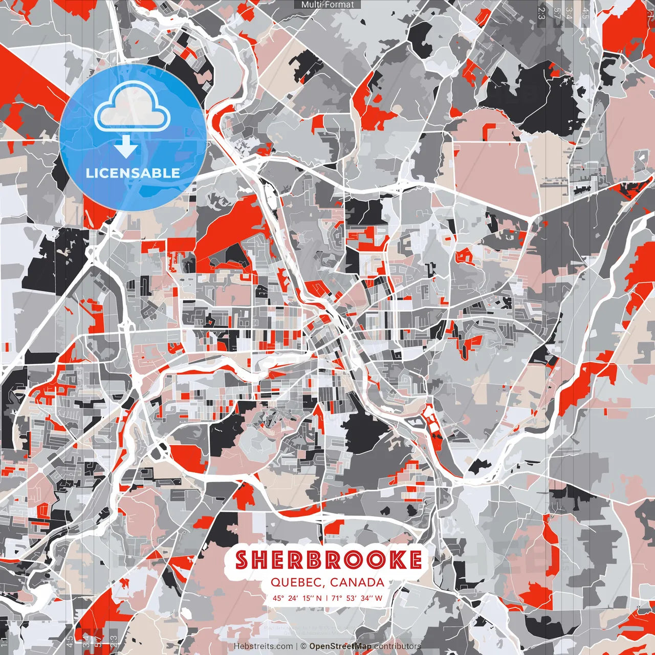 Sherbrooke, Quebec, Canada - modern street map poster template with gray and red tones