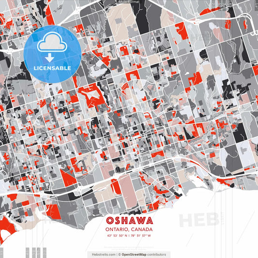 Oshawa, Ontario, Canada - modern street map poster template with gray and red tones