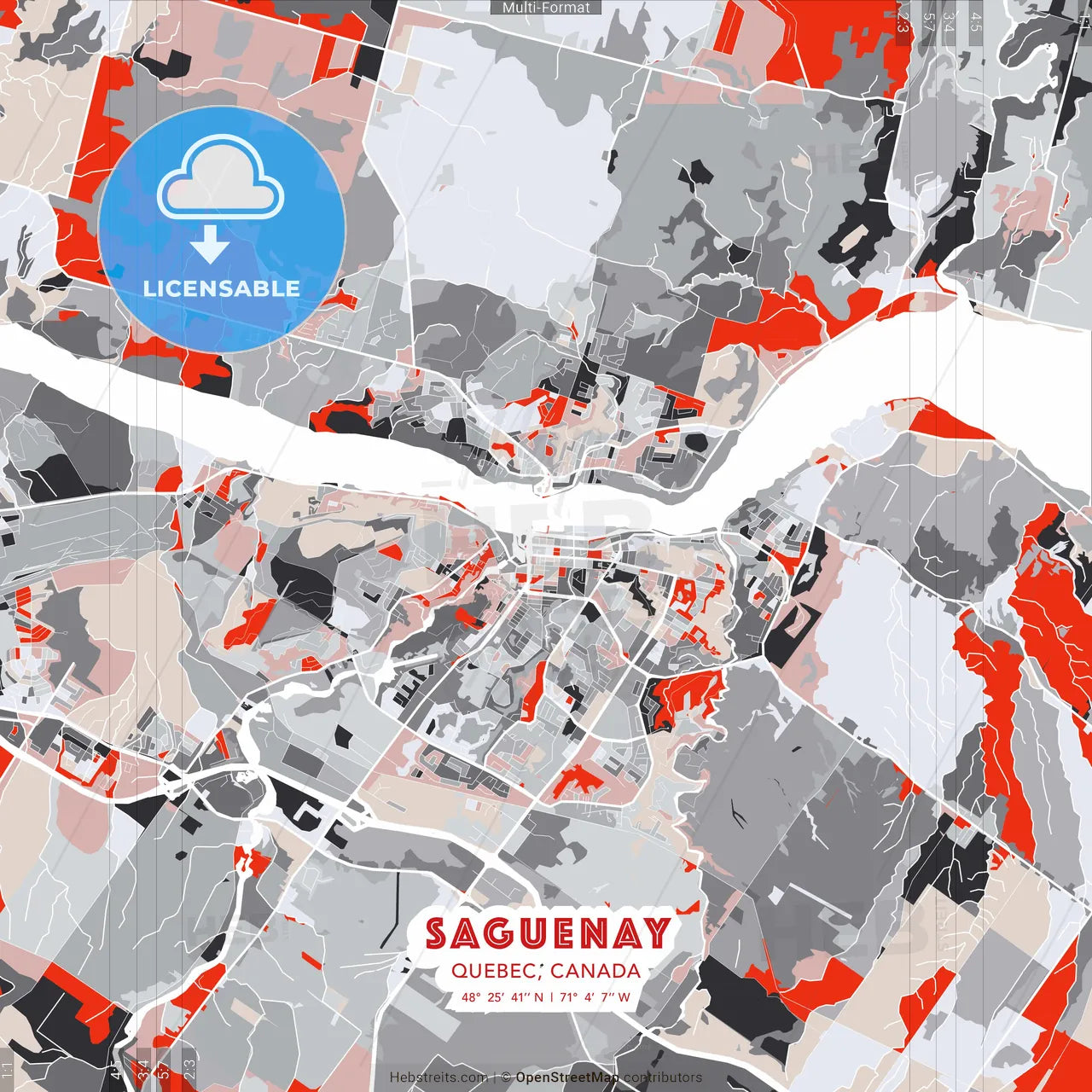 Saguenay, Quebec, Canada - modern street map poster template with gray and red tones