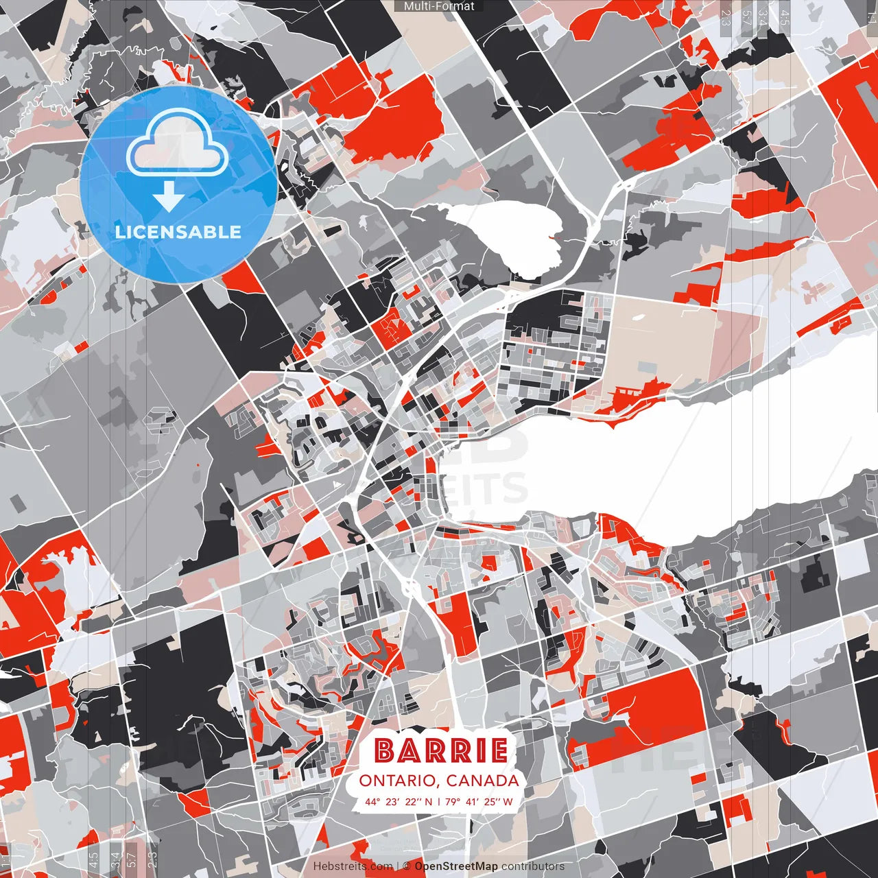 Barrie, Ontario, Canada - modern street map poster template with gray and red tones