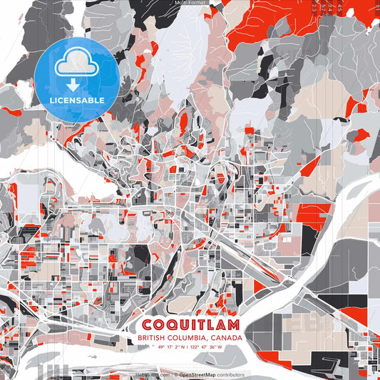 Coquitlam, British Columbia, Canada - modern street map poster template with gray and red tones