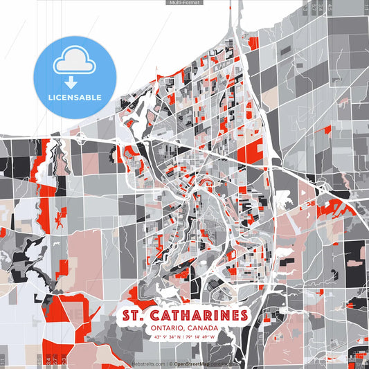 St. Catharines, Ontario, Canada - modern street map poster template with gray and red tones