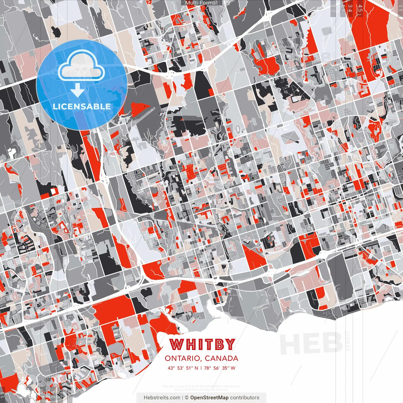 Whitby, Ontario, Canada - modern street map poster template with gray and red tones