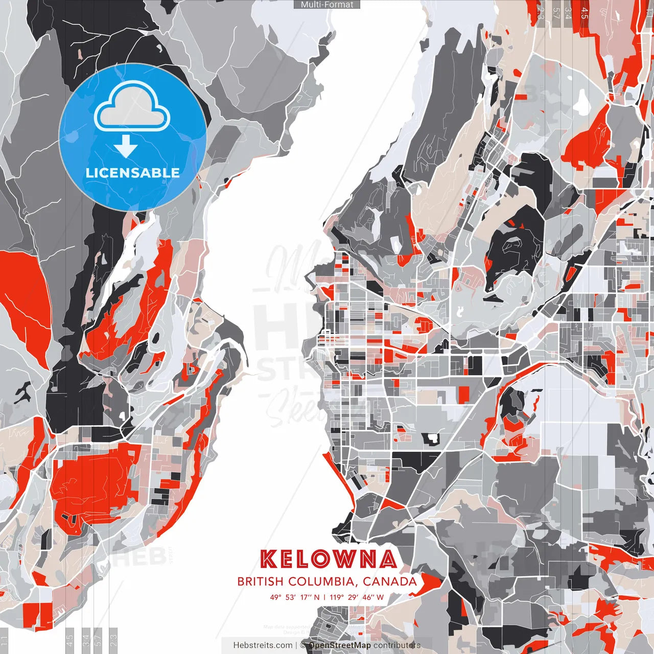 Kelowna, British Columbia, Canada - modern street map poster template with gray and red tones