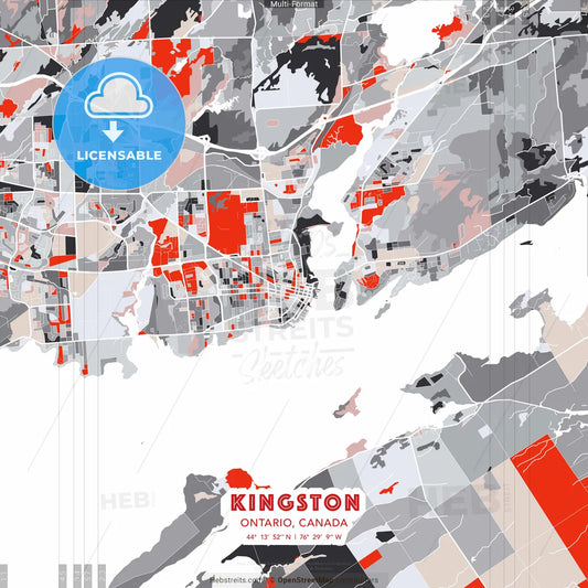 Kingston, Ontario, Canada - modern street map poster template with gray and red tones