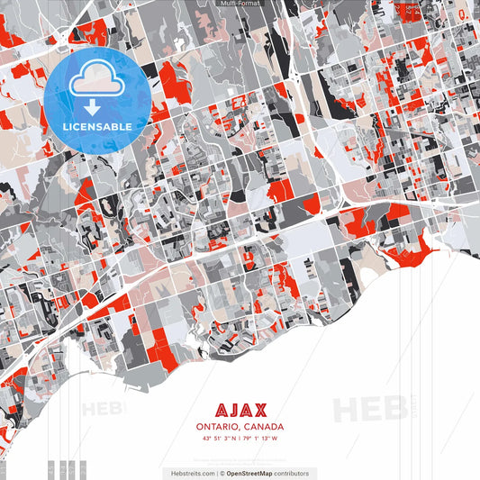 Ajax, Ontario, Canada - modern street map poster template with gray and red tones