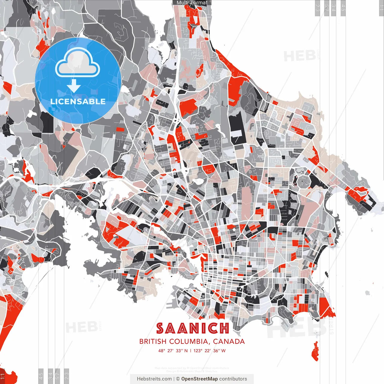 Saanich, British Columbia, Canada - modern street map poster template with gray and red tones