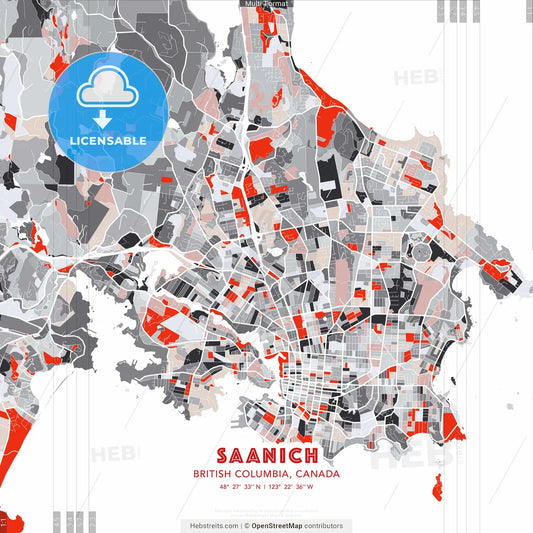 Saanich, British Columbia, Canada - modern street map poster template with gray and red tones