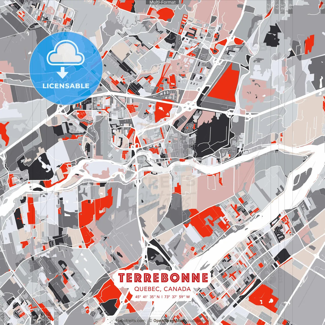 Terrebonne, Quebec, Canada - modern street map poster template with gray and red tones