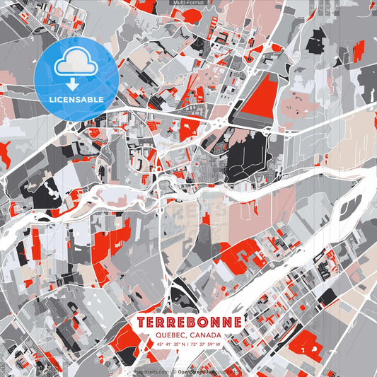 Terrebonne, Quebec, Canada - modern street map poster template with gray and red tones