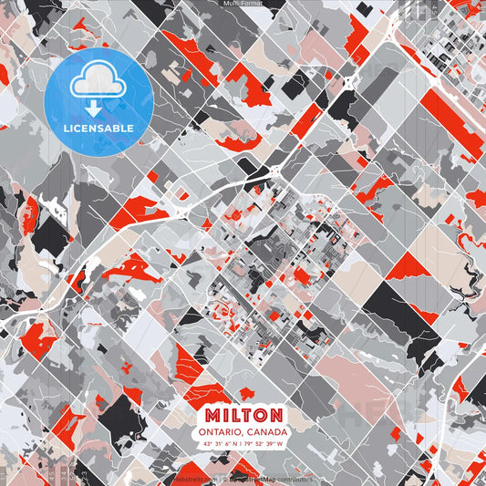 Milton, Ontario, Canada - modern street map poster template with gray and red tones