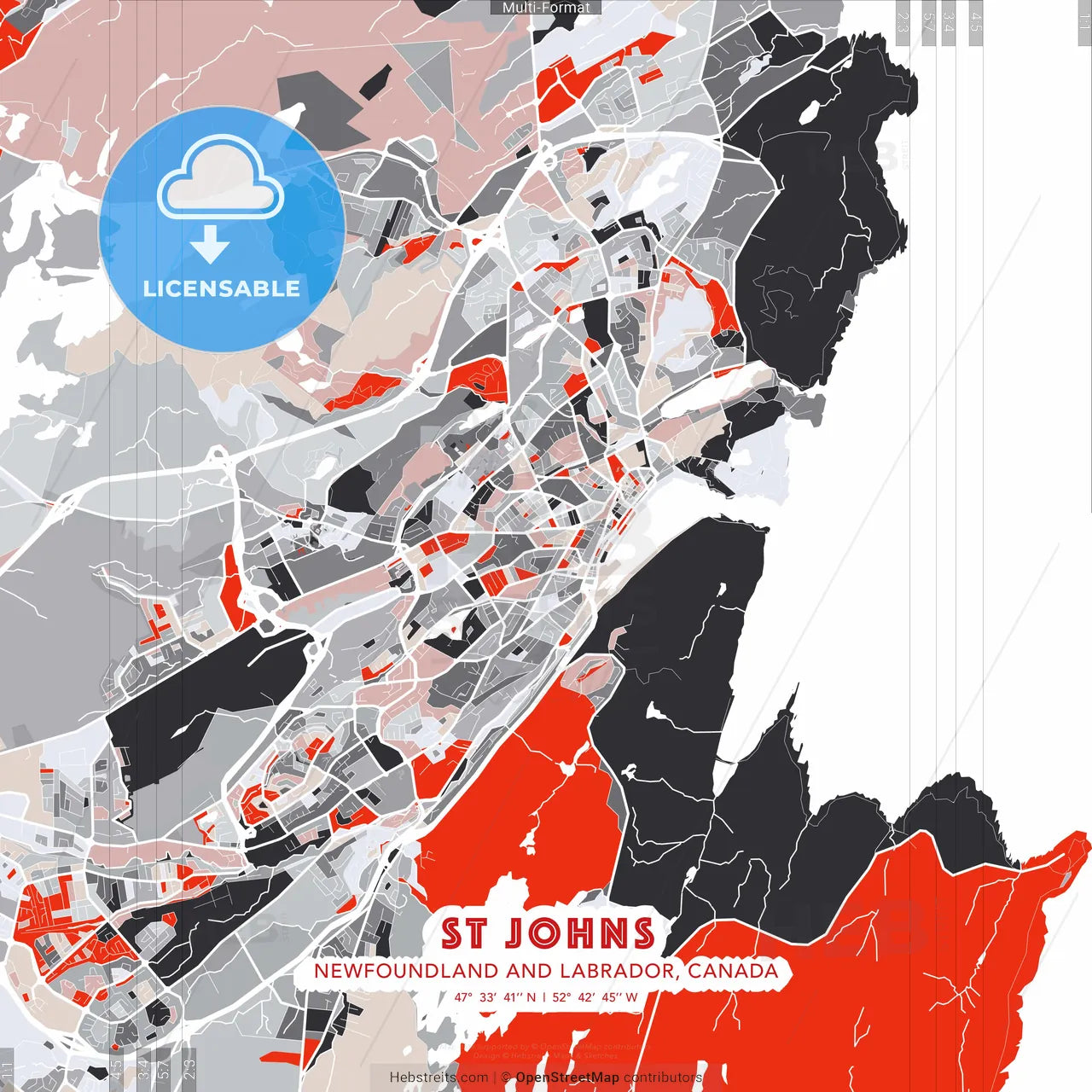 St Johns, Newfoundland and Labrador, Canada - modern street map poster template with gray and red tones