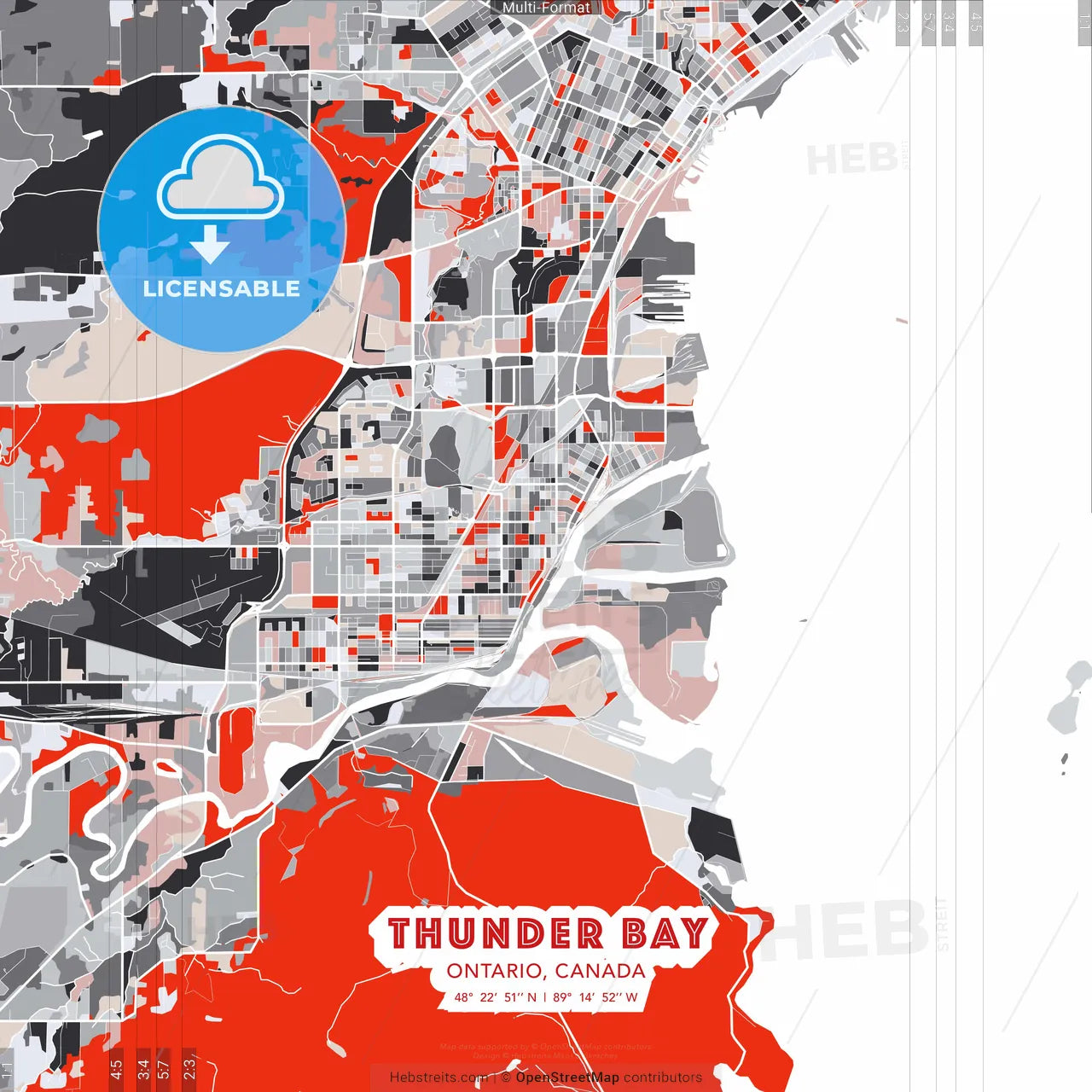 Thunder Bay, Ontario, Canada - modern street map poster template with gray and red tones
