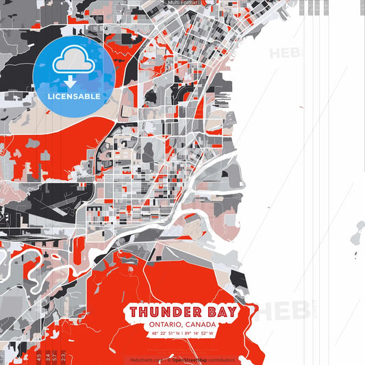 Thunder Bay, Ontario, Canada - modern street map poster template with gray and red tones