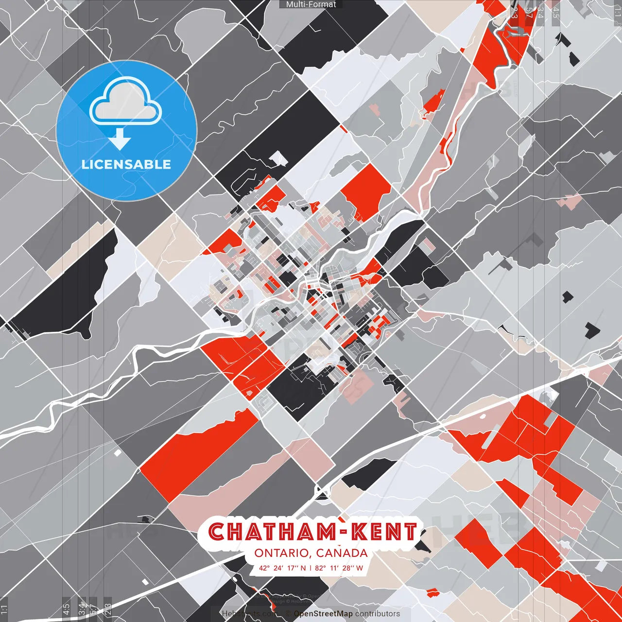 Chatham-Kent, Ontario, Canada - modern street map poster template with gray and red tones