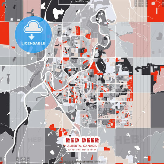 Red Deer, Alberta, Canada - modern street map poster template with gray and red tones