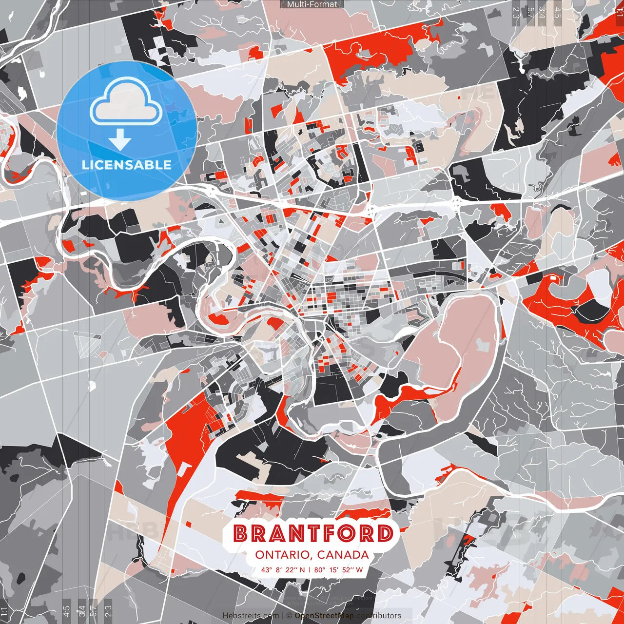 Brantford, Ontario, Canada - modern street map poster template with gray and red tones