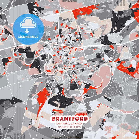 Brantford, Ontario, Canada - modern street map poster template with gray and red tones