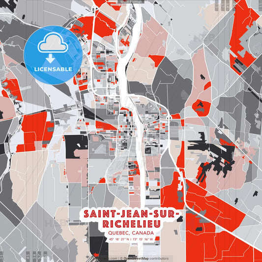 Saint-Jean-sur-Richelieu, Quebec, Canada - modern street map poster template with gray and red tones