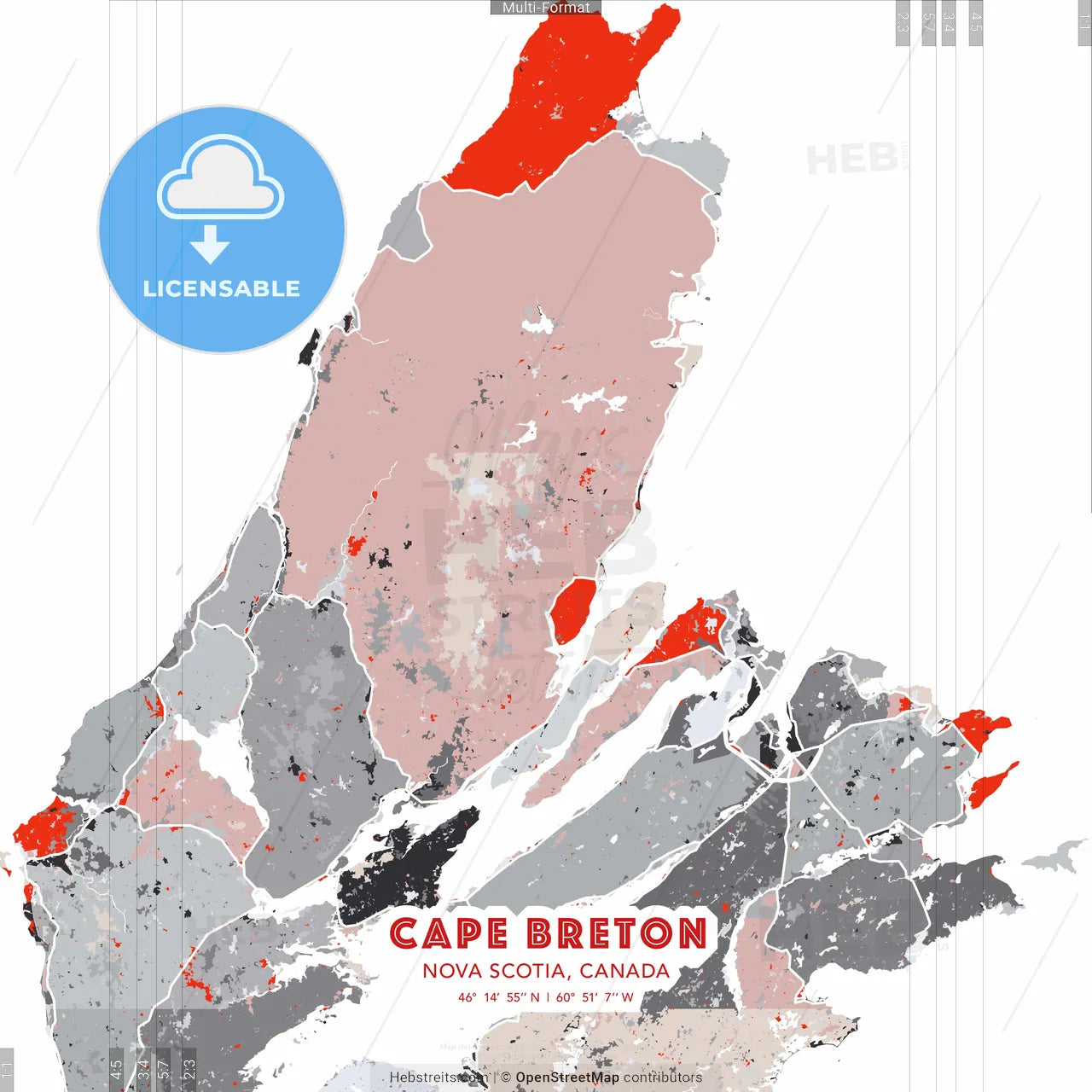 Cape Breton, Nova Scotia, Canada - modern street map poster template with gray and red tones