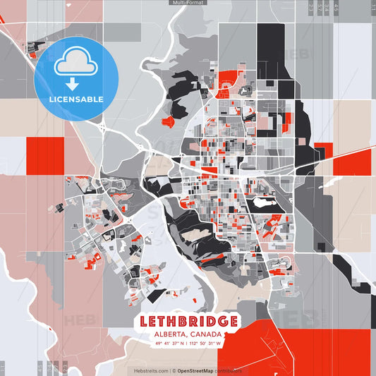 Lethbridge, Alberta, Canada - modern street map poster template with gray and red tones
