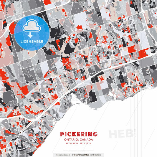 Pickering, Ontario, Canada - modern street map poster template with gray and red tones