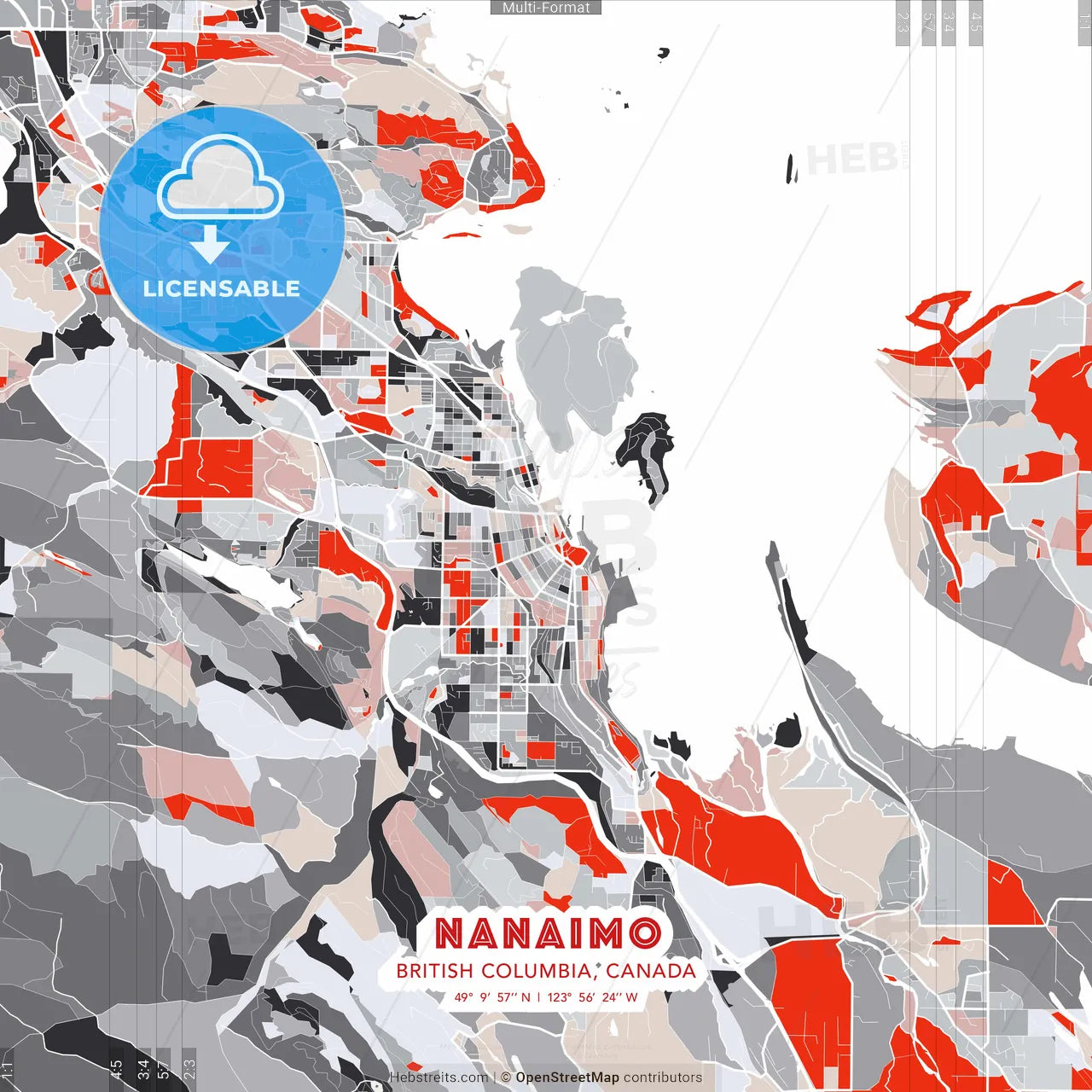 Nanaimo, British Columbia, Canada - modern street map poster template with gray and red tones
