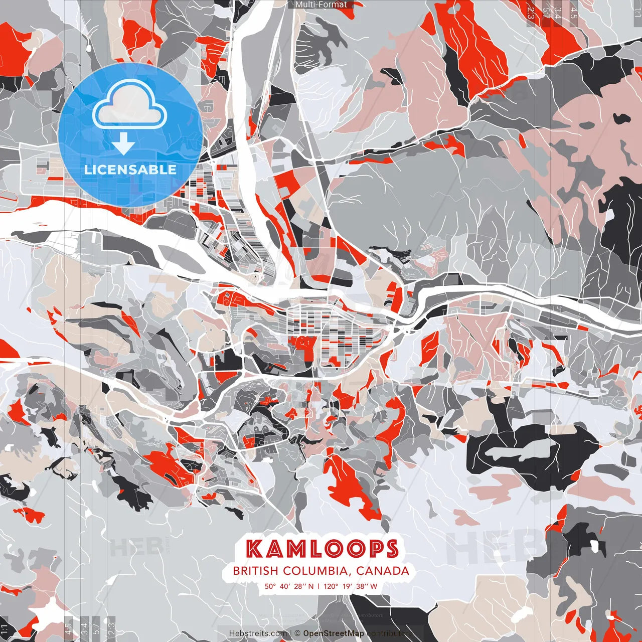 Kamloops, British Columbia, Canada - modern street map poster template with gray and red tones