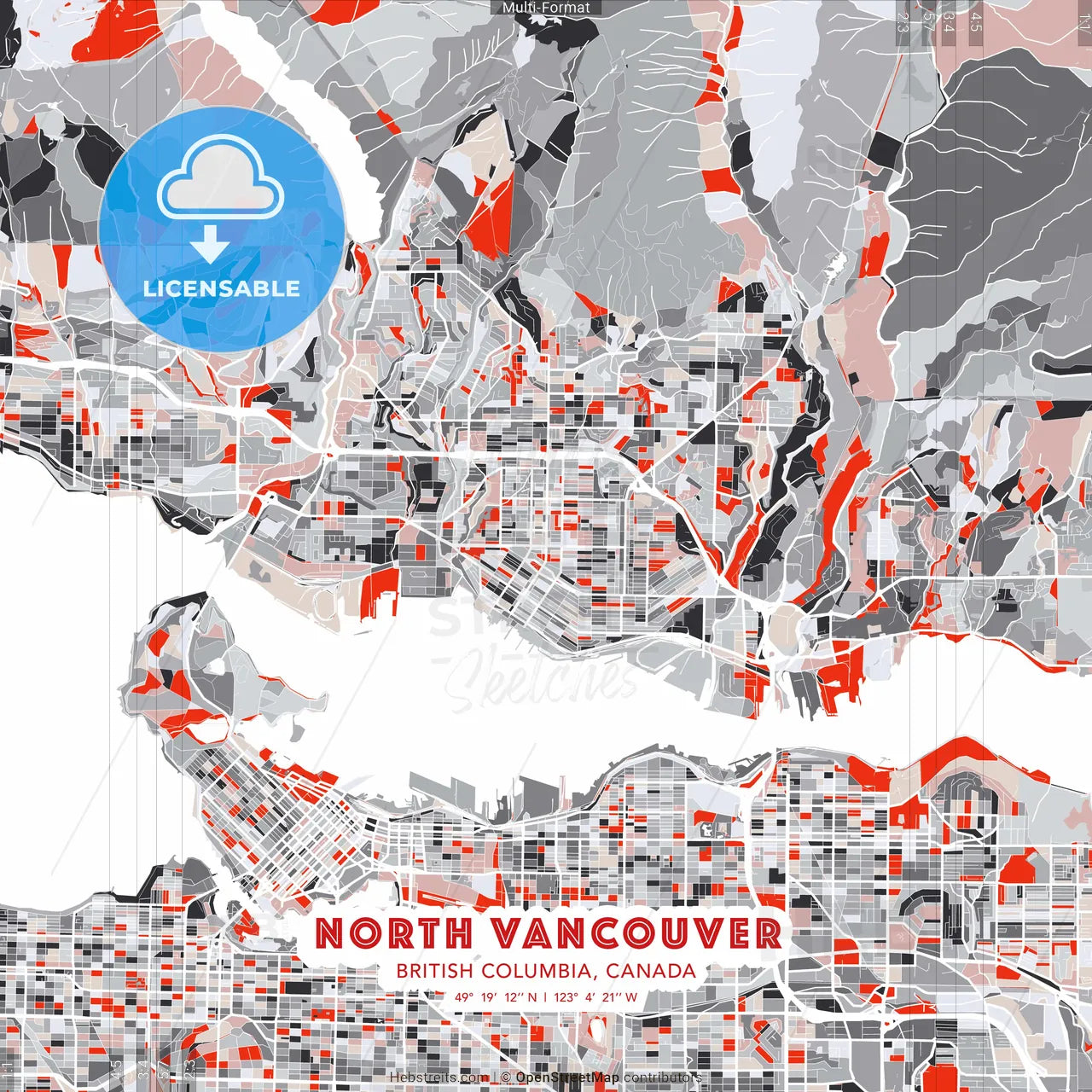 North Vancouver, British Columbia, Canada - modern street map poster template with gray and red tones