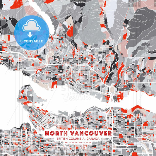 North Vancouver, British Columbia, Canada - modern street map poster template with gray and red tones