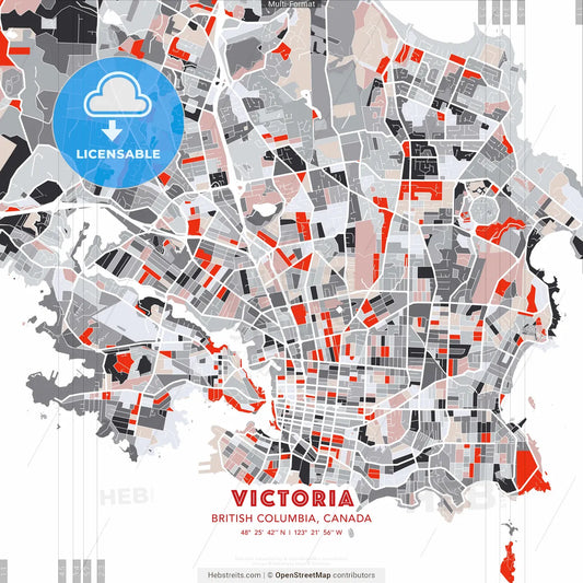 Victoria, British Columbia, Canada - modern street map poster template with gray and red tones