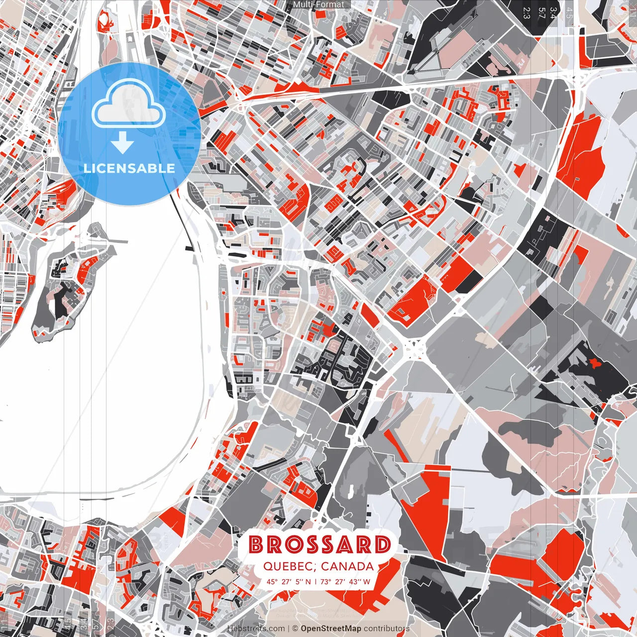 Brossard, Quebec, Canada - modern street map poster template with gray and red tones