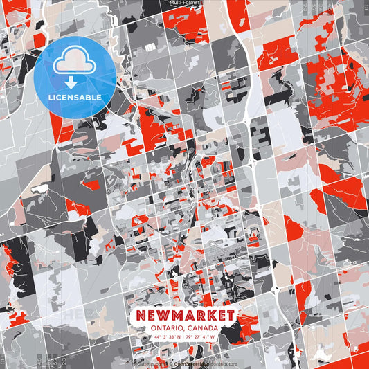 Newmarket, Ontario, Canada - modern street map poster template with gray and red tones