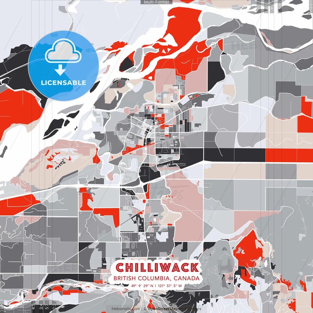 Chilliwack, British Columbia, Canada - modern street map poster template with gray and red tones
