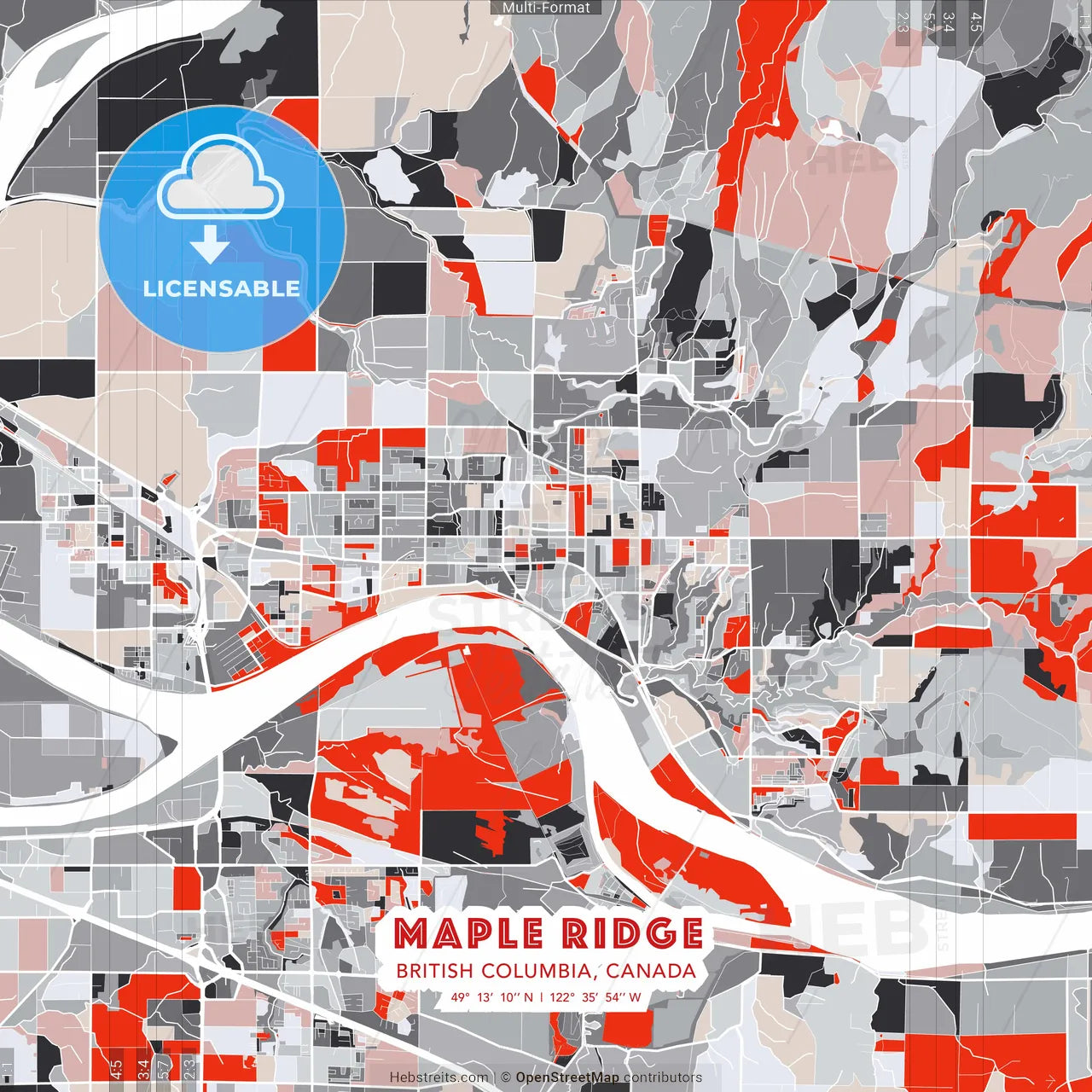 Maple Ridge, British Columbia, Canada - modern street map poster template with gray and red tones