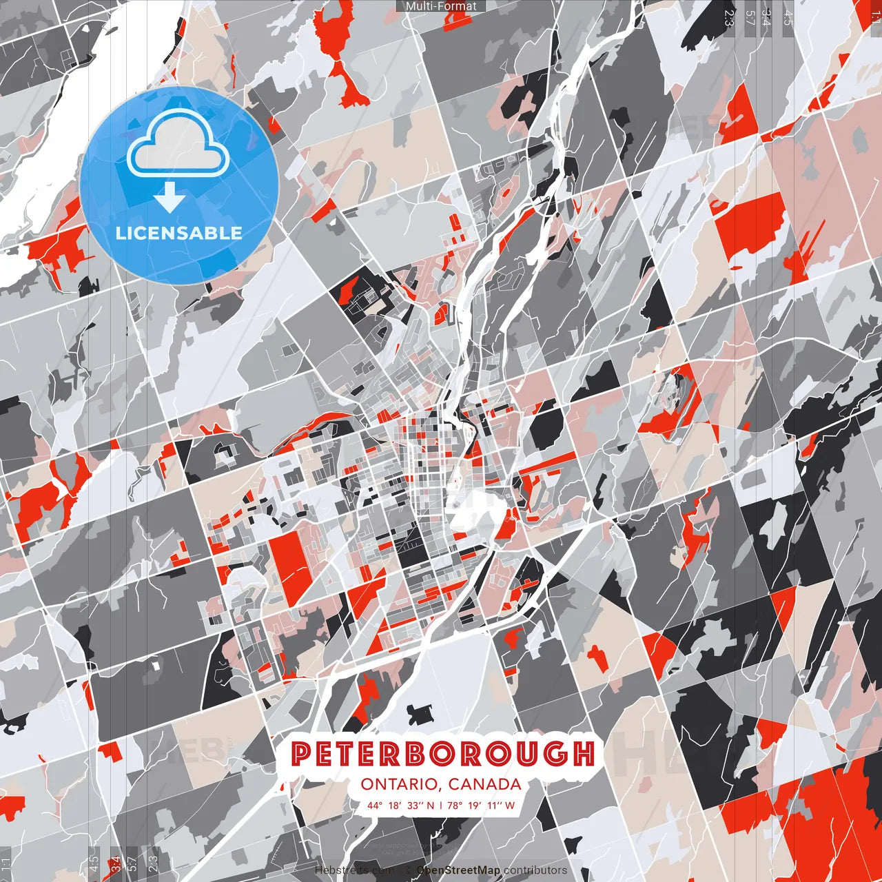Peterborough, Ontario, Canada - modern street map poster template with gray and red tones