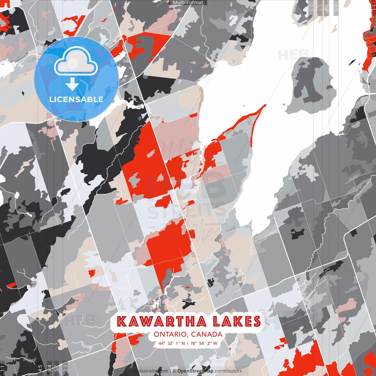 Kawartha Lakes, Ontario, Canada - modern street map poster template with gray and red tones