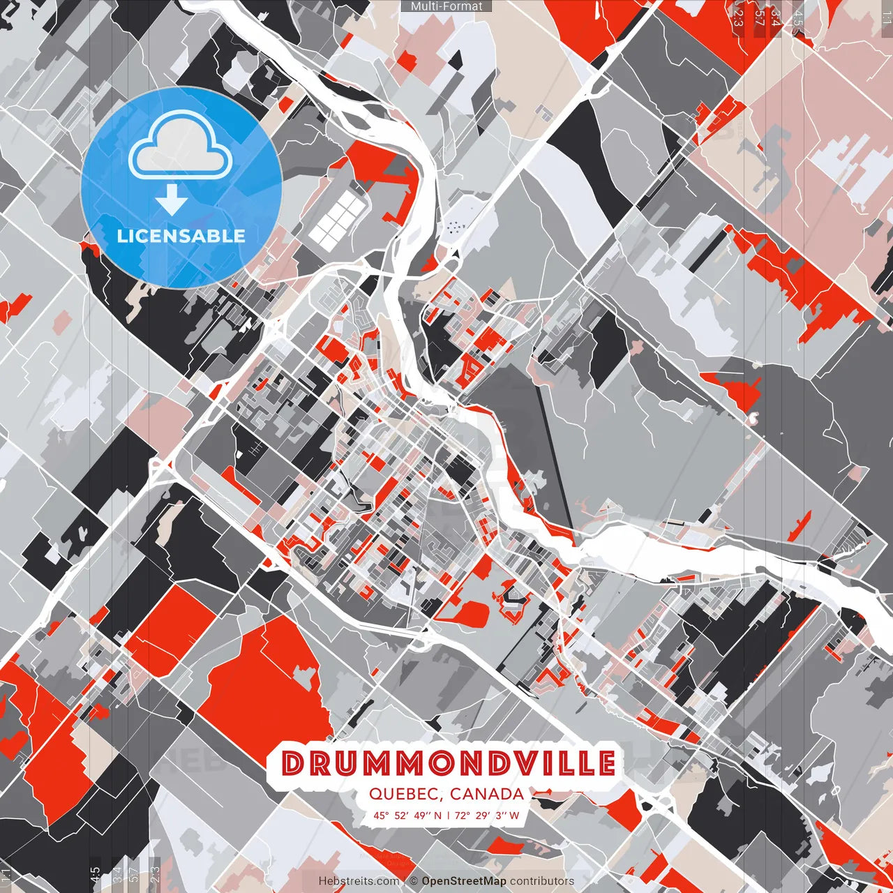 Drummondville, Quebec, Canada - modern street map poster template with gray and red tones