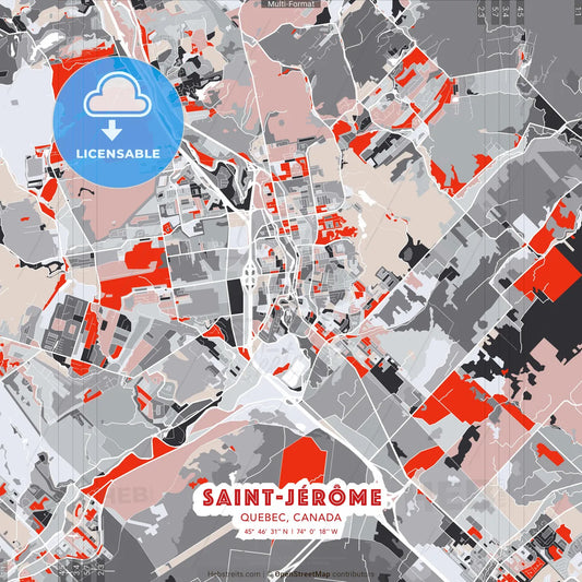 Saint-Jérôme, Quebec, Canada - modern street map poster template with gray and red tones