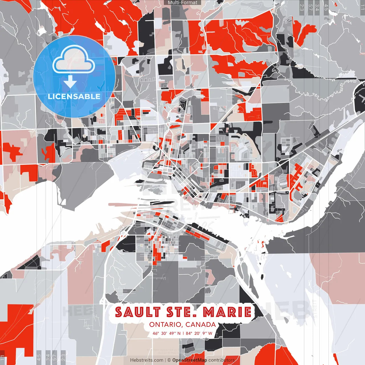 Sault Ste. Marie, Ontario, Canada - modern street map poster template with gray and red tones
