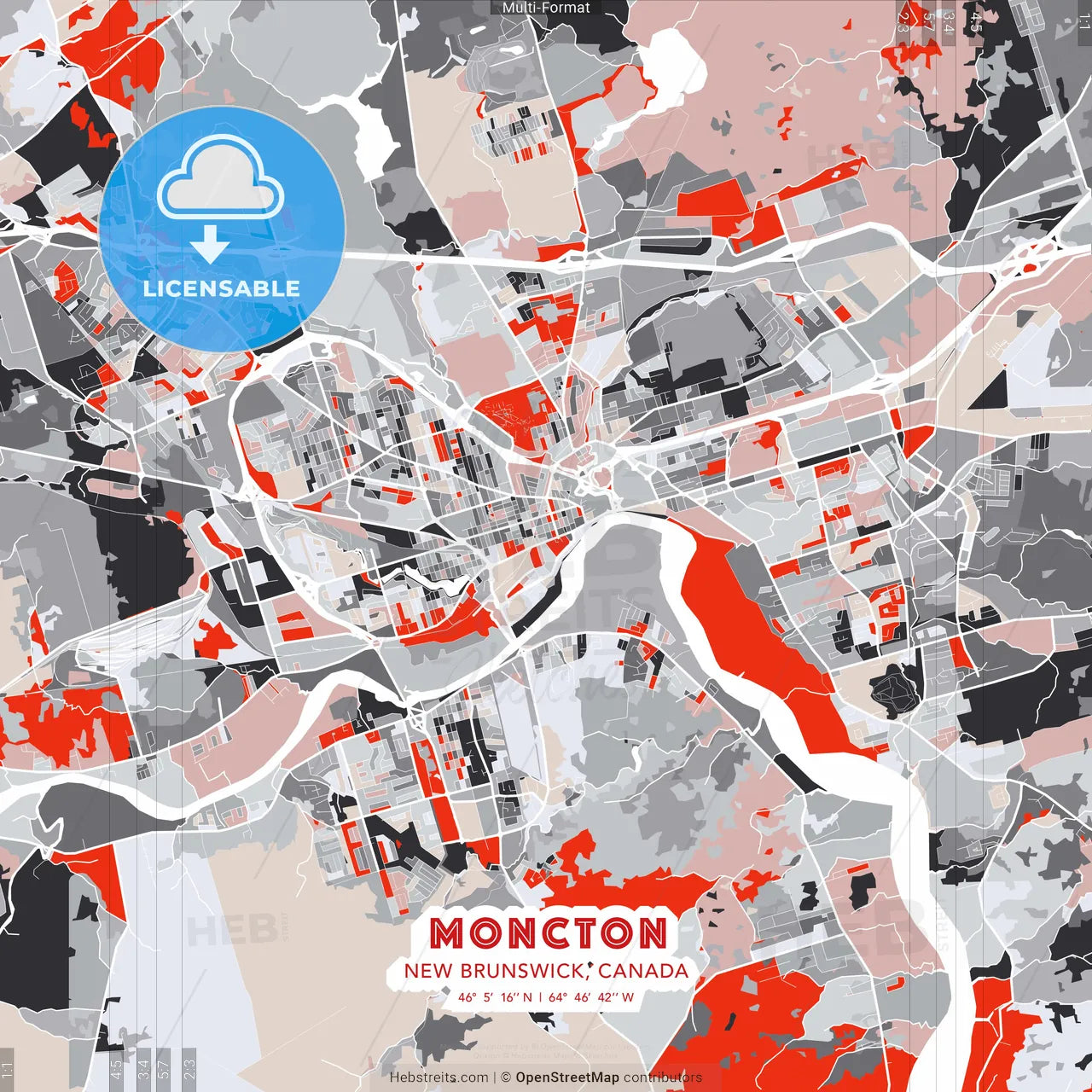 Moncton, New Brunswick, Canada - modern street map poster template with gray and red tones