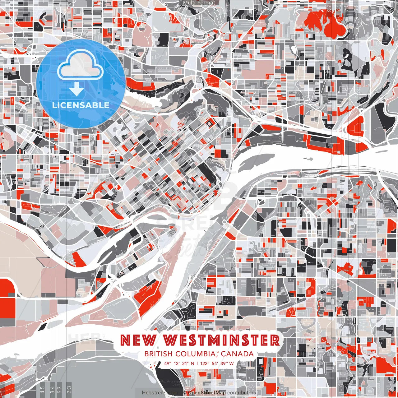 New Westminster, British Columbia, Canada - modern street map poster template with gray and red tones