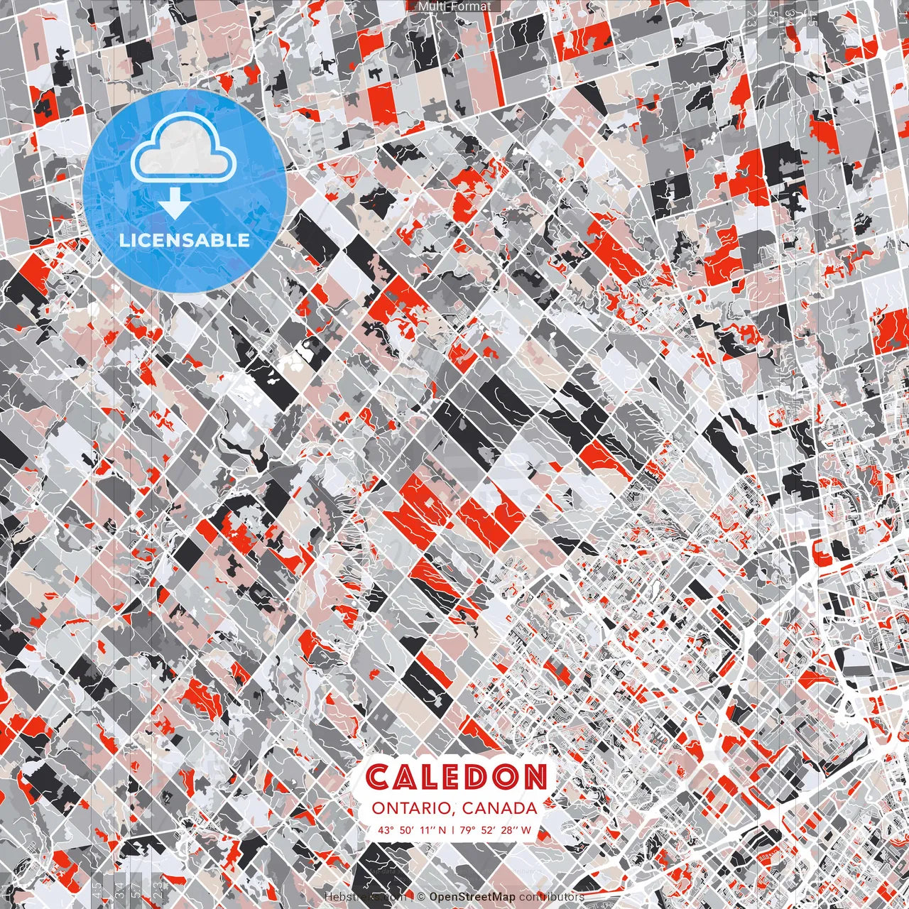 Caledon, Ontario, Canada - modern street map poster template with gray and red tones