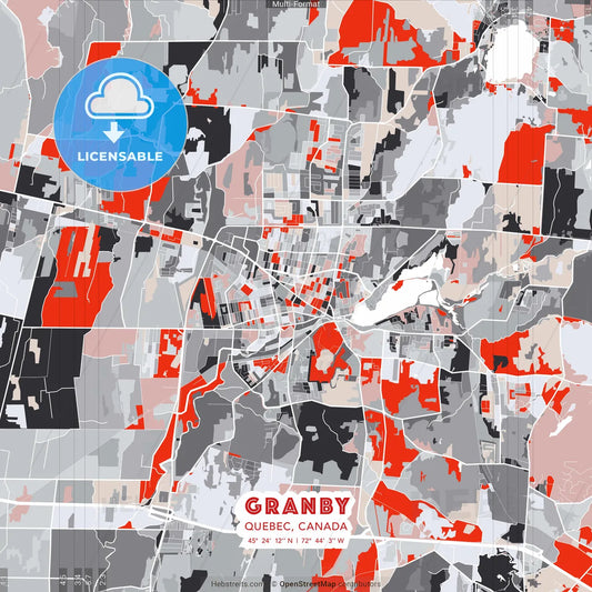 Granby, Quebec, Canada - modern street map poster template with gray and red tones